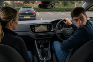 Learner driver reversing into a parking bay during a driving lesson