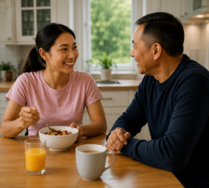Young woman having breakfast with her father