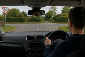 Learner driver approaching an end of a road