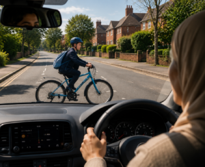 Learner driver stopping for a boy on a bike