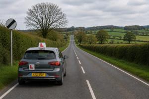 Learner driver driving on a national speed limit road