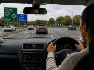 Driving test tips. Learner driver approaching a multi lane roundabout