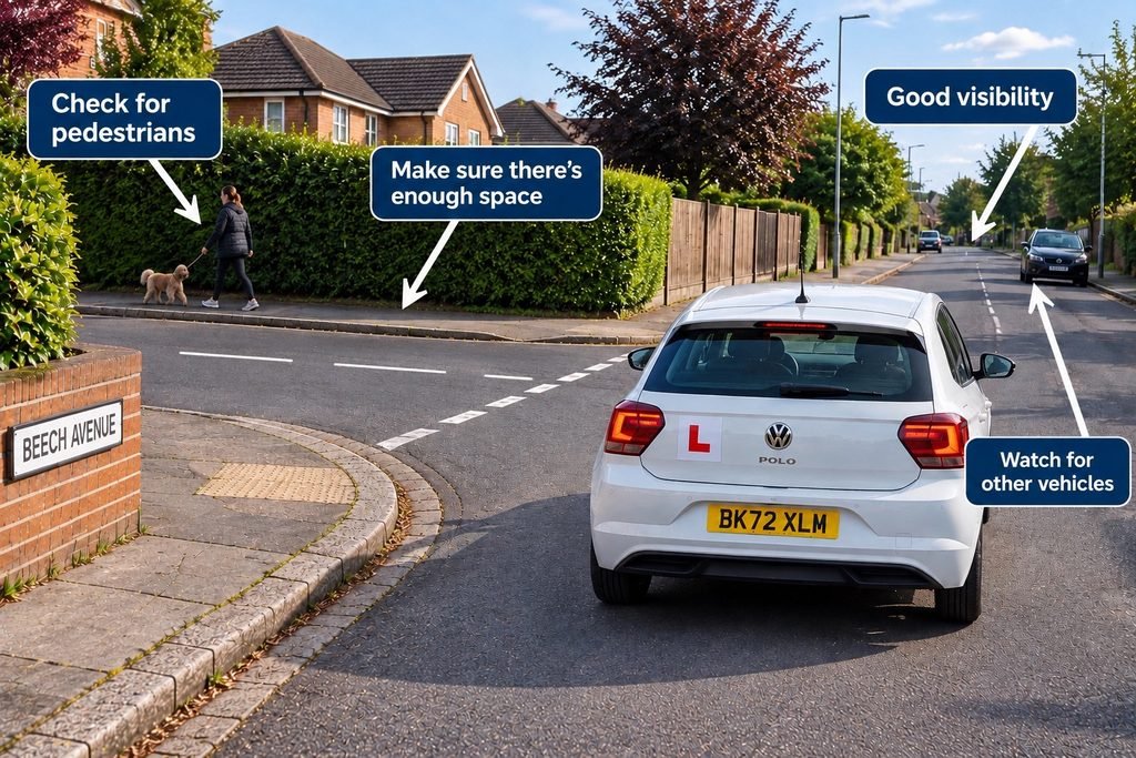Learner about to carry out reversing around a corner on driving test