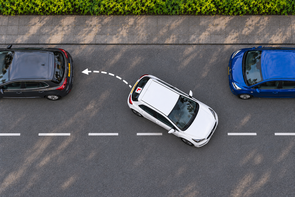 learner parallel parking between two cars