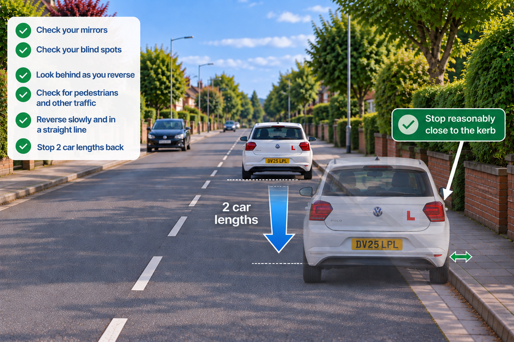 Learner car reversing 2 car lengths during the driving test