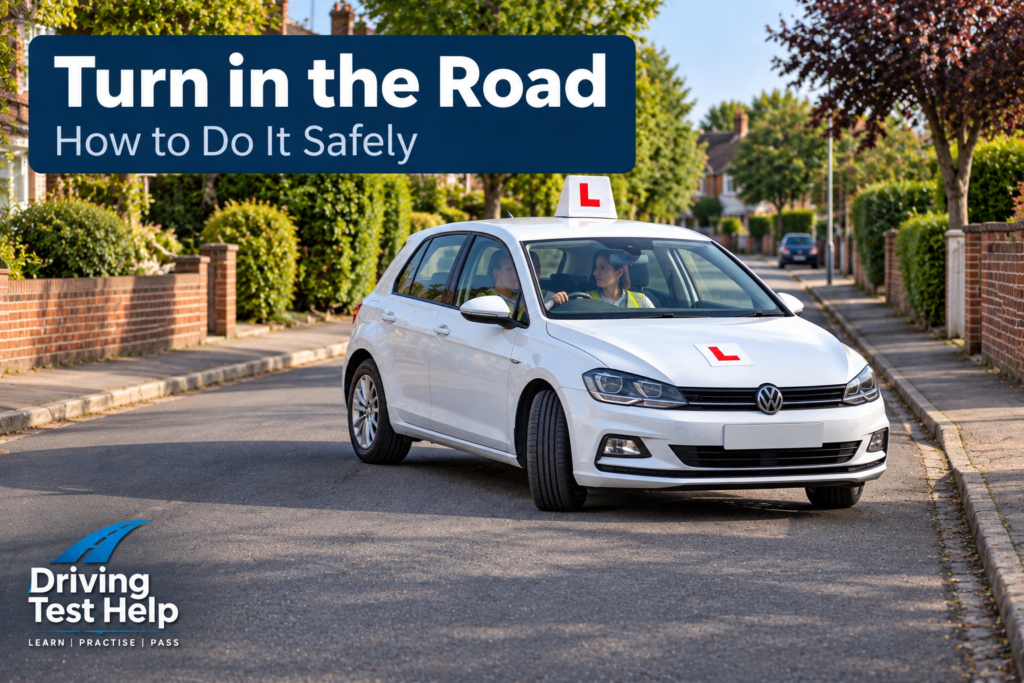 Learner driver practising a turn in the road