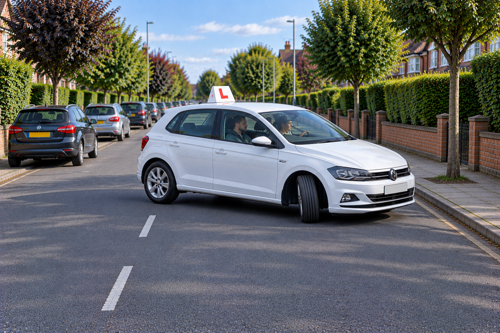 Learner driver carrying out turn in the road