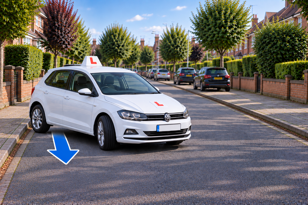 learner driver finishing a turn in the road