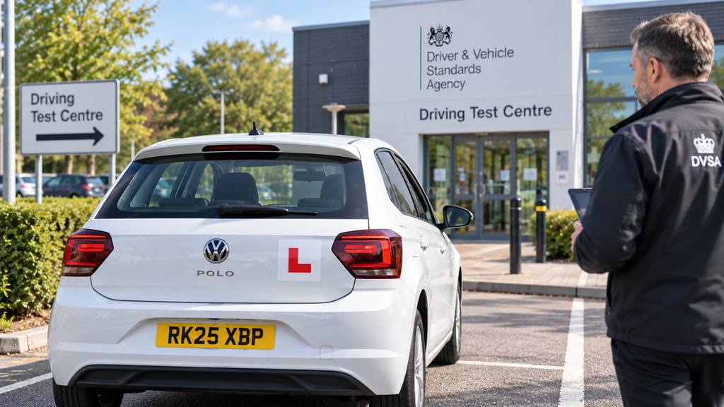 Examiner checking around learner car before driving test