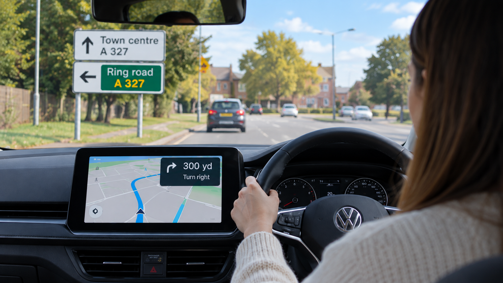 Learner driver on driving test following sat nav