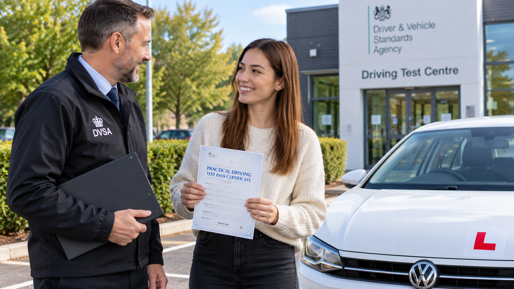 Learner driver receiving practical driving test certificate at end of driving test