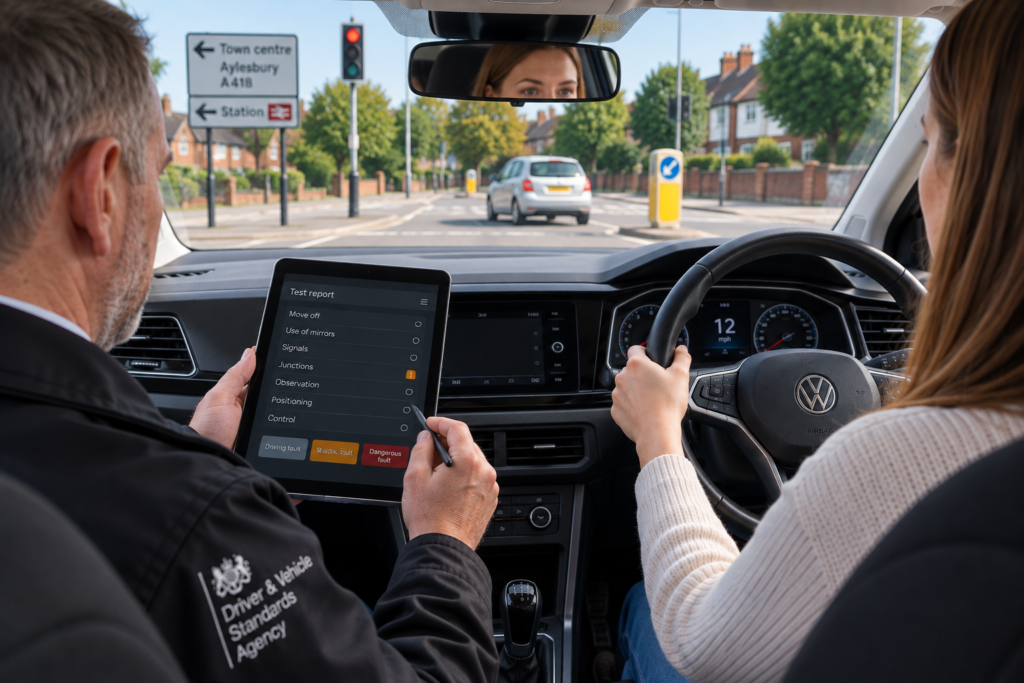 Driving examiner recording a driving fault during a practical test