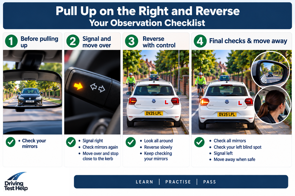 Pull up on the right and reverse checklist for driving test