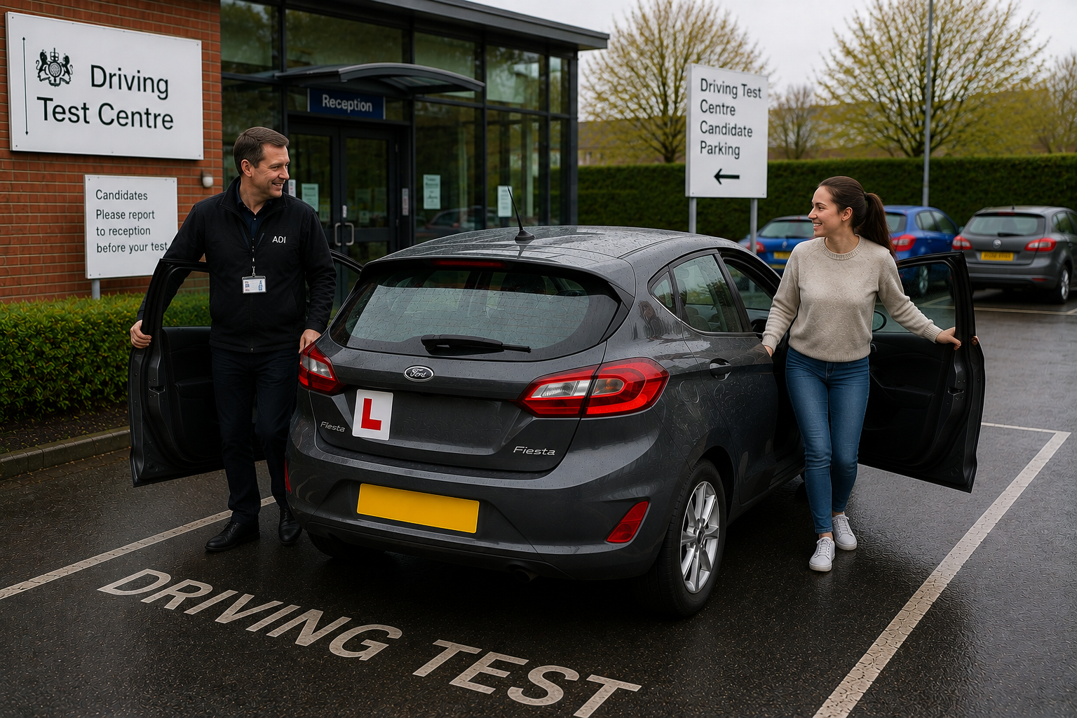 Learner and instructor arriving at driving test centre