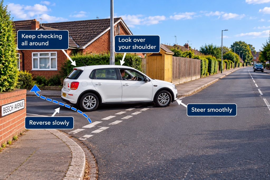Learner driver reversing around a corner to the left
