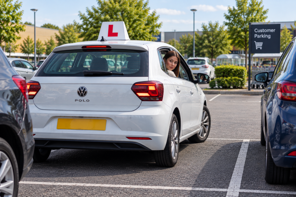 Learner driver reversing into bay in car park