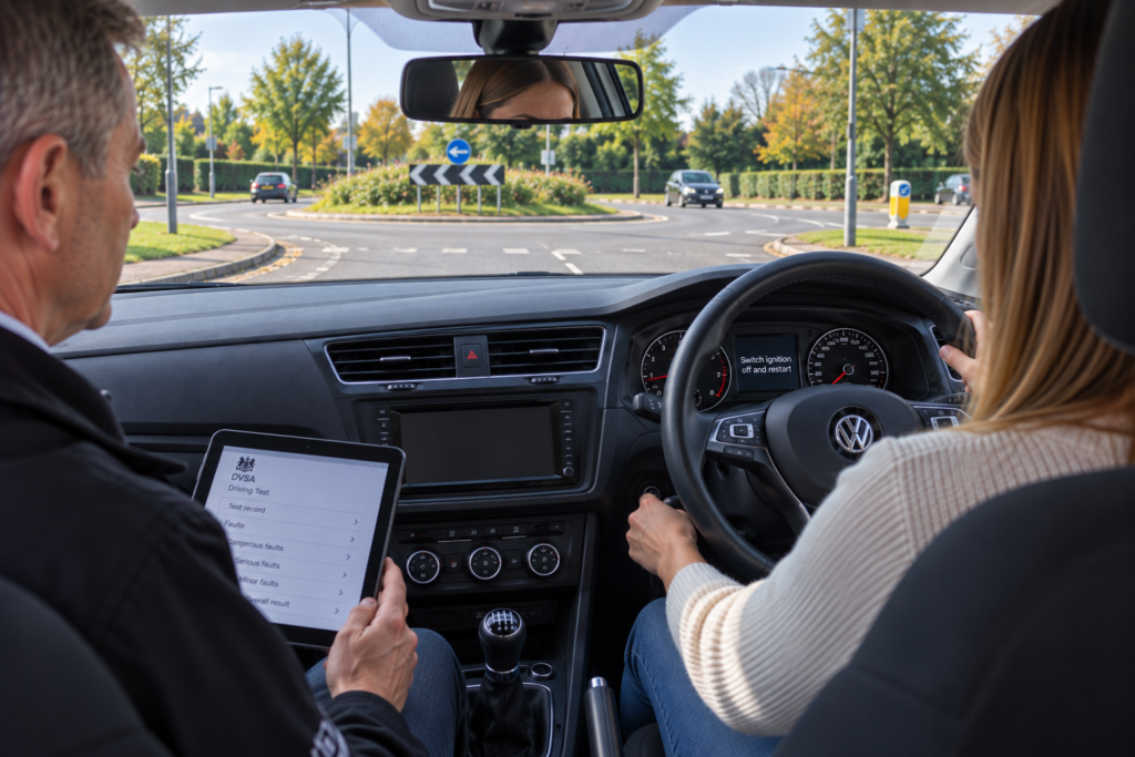 Learner driving stalling on their test at a roundabout 
