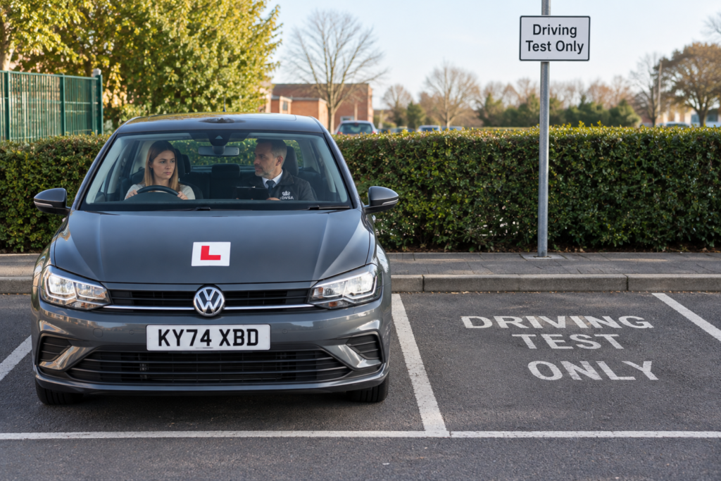 Learner driver parked up with an examiner at the end of the driving test