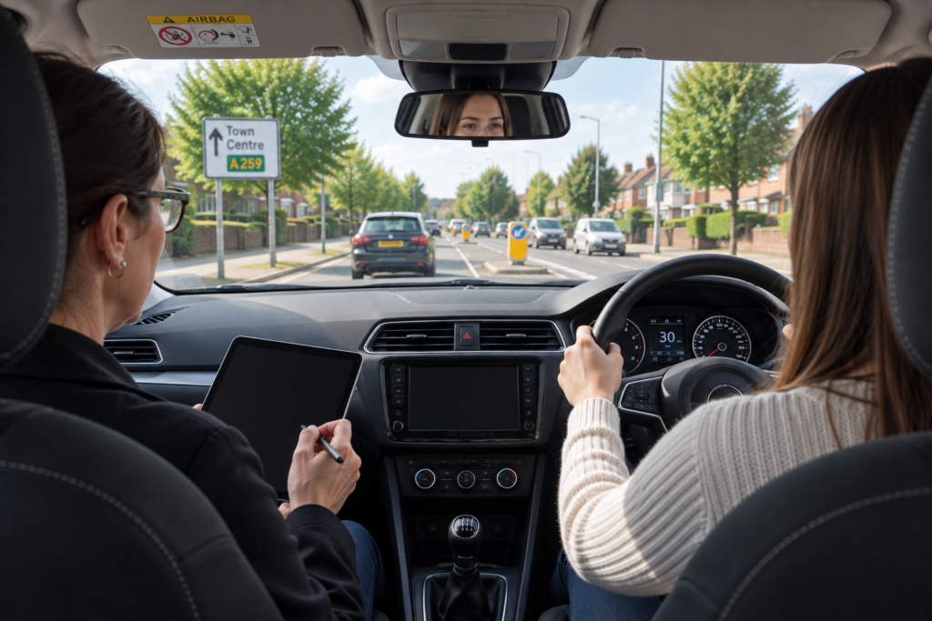 Learner driver on test driving on residential road