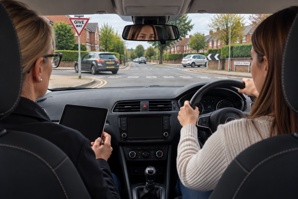 Driving test nerves. Learner driver nervous on driving test approaching a t junction