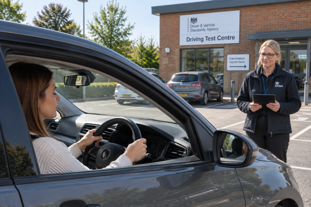 Learner driver taking a slow breath looking nervous before the test. Examiner standing by the car 