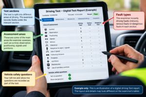 Example of a UK driving test marking sheet showing the digital test report